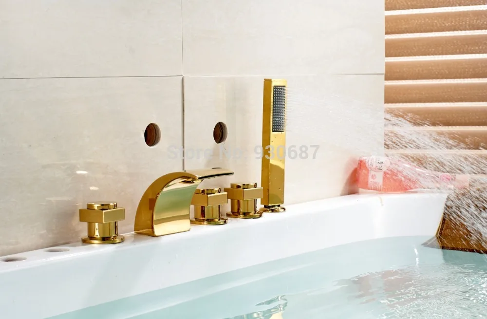 

Bathroom 5pcs Three Square Handles Gold Plate Tub Faucet With handshower