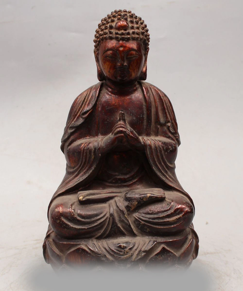 

11"China Wood handwork carve Sakyamuni Shakyamuni Amitabha Buddha Statue