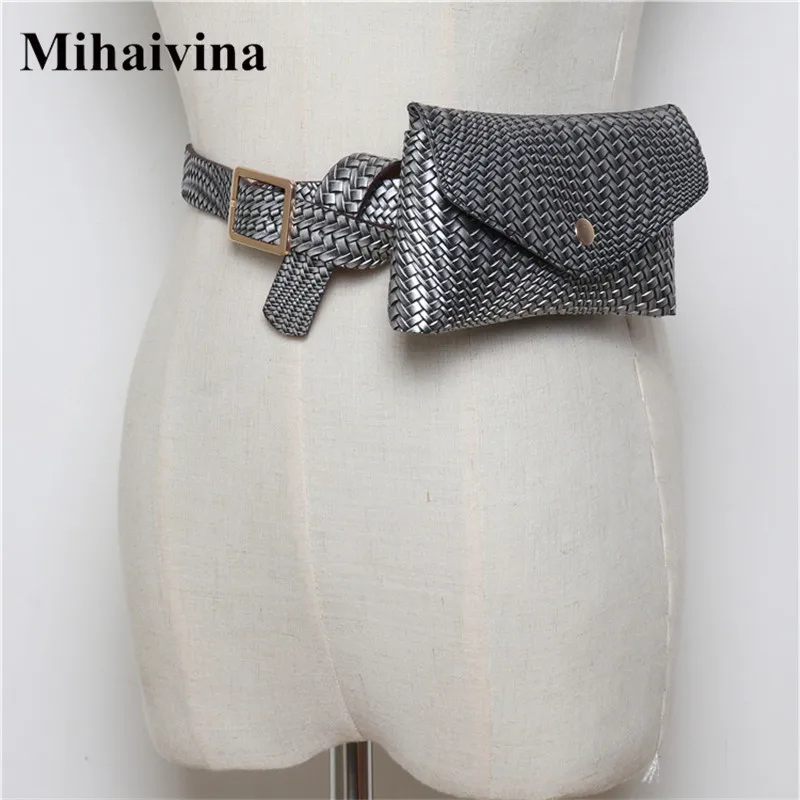 Mihaivina الأزياء نسج فاني حزم للنساء الحياكة الخصر حقيبة خمر بو الجلود الخصر حزمة السفر حزام أكياس التسوق محفظة