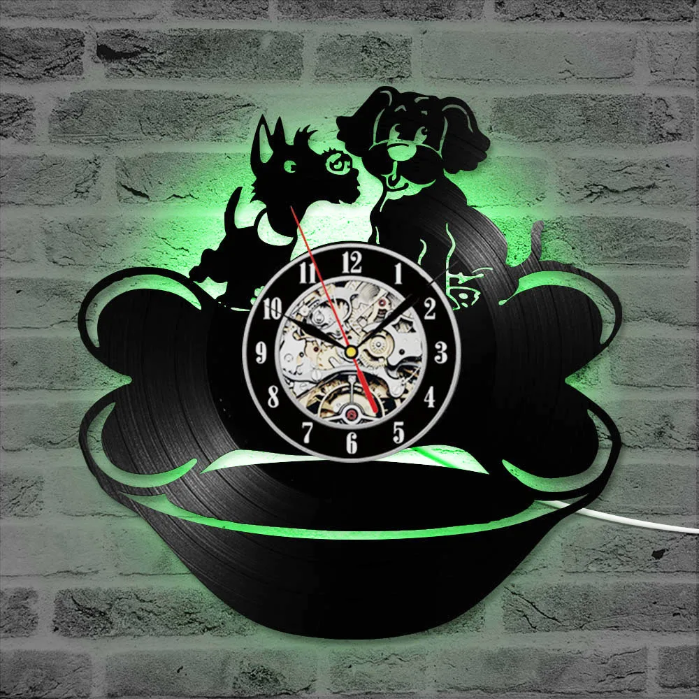 Lovely Puppy Vinyl Record Clock Dogs with Bone LED Wall Clock for