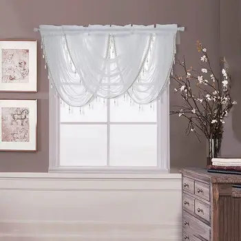 

Waterfall Valance Curtains Silver Silk Line Luxury Beaded Curtain Valance Sheer Window Curtains For Kitchen Living Room 1pcs