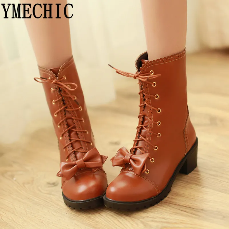 Ботильоны YMECHIC 2019 Лолита с бантом-бабочкой на высоком блочном каблуке шнуровке