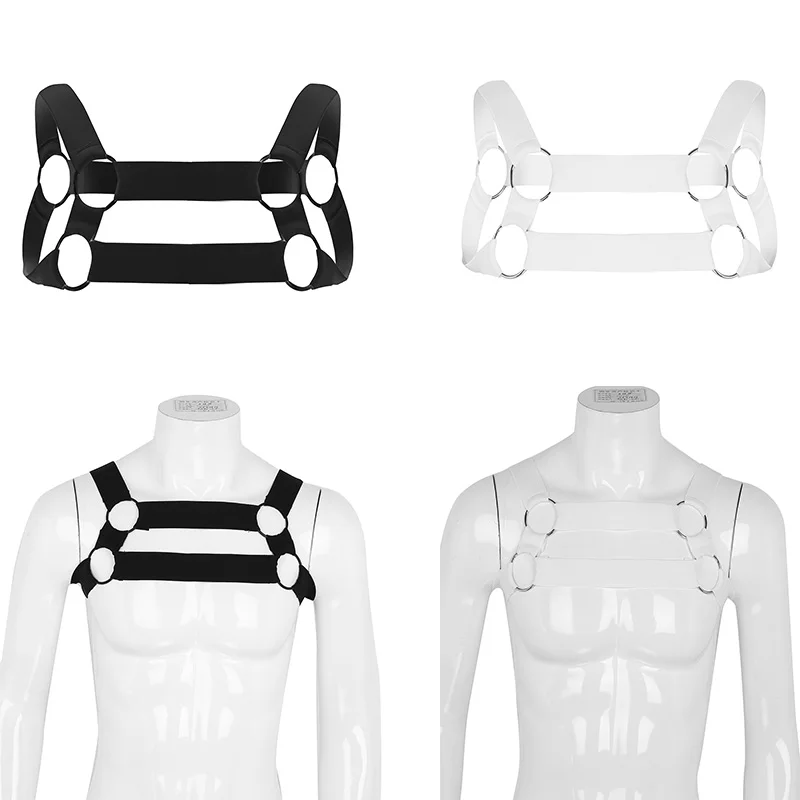 YiZYiF Mens Nylon Harness Belt Elastic Shoulder Body Chest Muscles Straps With O-rings Fancy Club Party Costume Strap Accessory -Zentai shop online