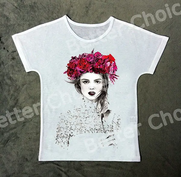 

Track Ship+Vintage Retro Good Feeling T-shirt Top Tee Pale Face Fashion Cool Red Lip Girl with Flower Ring 0944