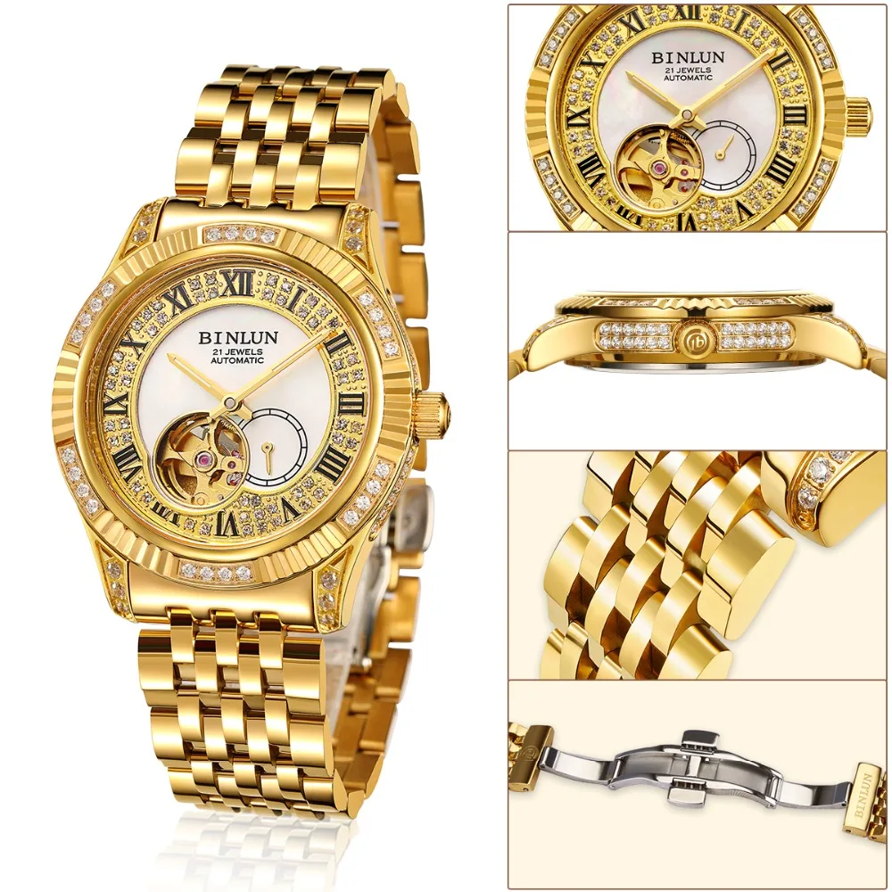 BINLUN 18K Gold Luxury Automatic Watch Skeleton Movement Watch Men's Sapphire Crystal Diamond Automatic Business Men's Watches