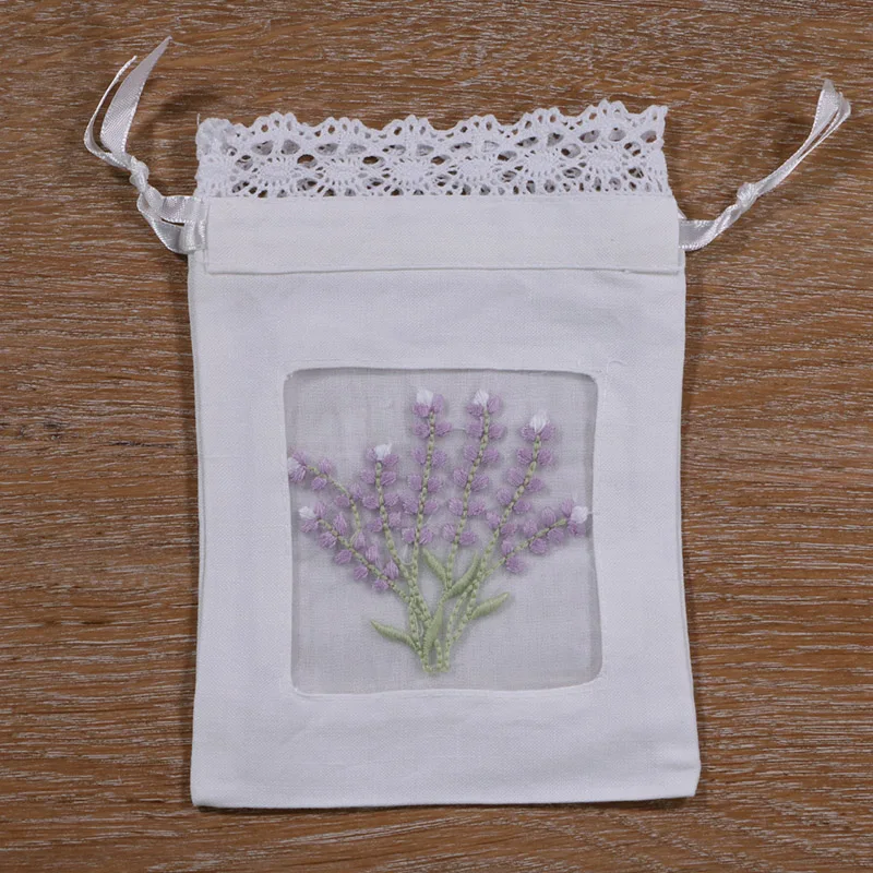 B011 White ramie cotton 12pieces embroidery Lavender gift bags Lace edge Storage bags 5x7 inches sachet bags, travel pouch