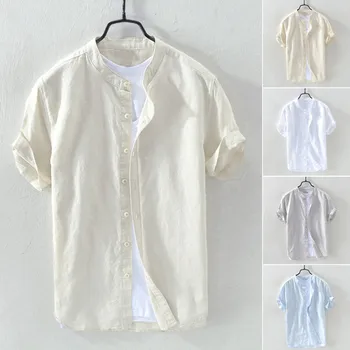 

2019 Summer hawaiian Mens Beach Shirt Casual Loose Cotton Linen Solid Short Sleeve Button Retro Shirts Top Blouse Camisas Hombre