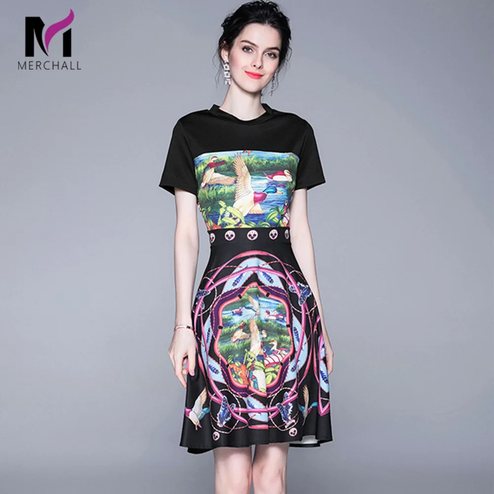 

2019 Summer New Fashion Animals Birds Pattern Print Dress Women Elegant Short Sleeve Vintage Slim Fit A-Line Mini Dress
