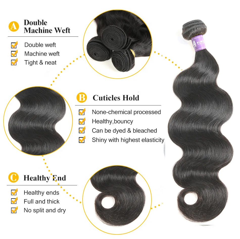 Alimice Brazilian Body Wave Human Hair Weave 3 Bundles Deal 8-26 inch 100% Hair Extensions Natural Non Remy Hair Double Weft (8)