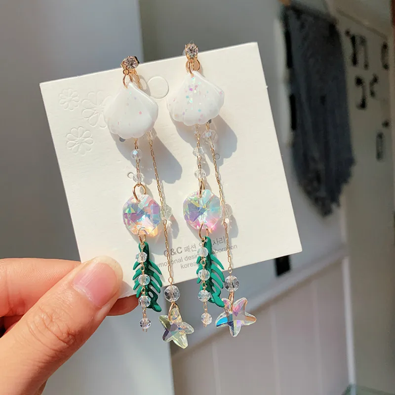 

New Fashionable National Wind Shell Drop Earrings Shell Leaf Crystal Pentacle Long Tassel Earrings Elegant Temperament Jewelry