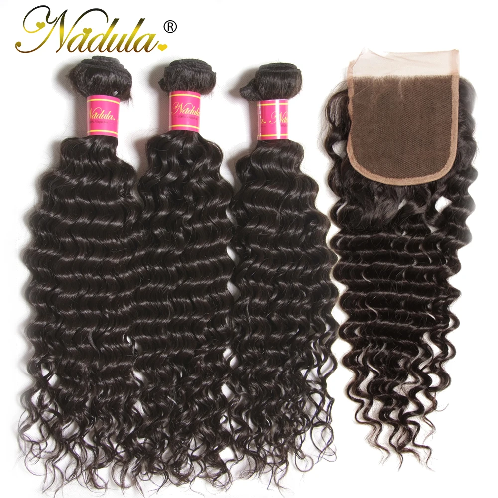 

Nadula Hair Peruvian Deep Wave Bundles With Closure 4*4 Free Part Closure With Peruvian Human Hair Weaves 3 Bundles With Closure