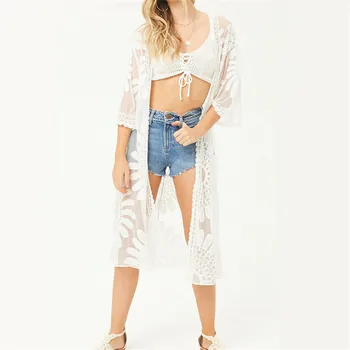 

2019 Summer Floral Embroidery Blouse Bikini Cover Up Three Quarter Women Lace Kimono Cardigan Boho Style Long Tops Blusas