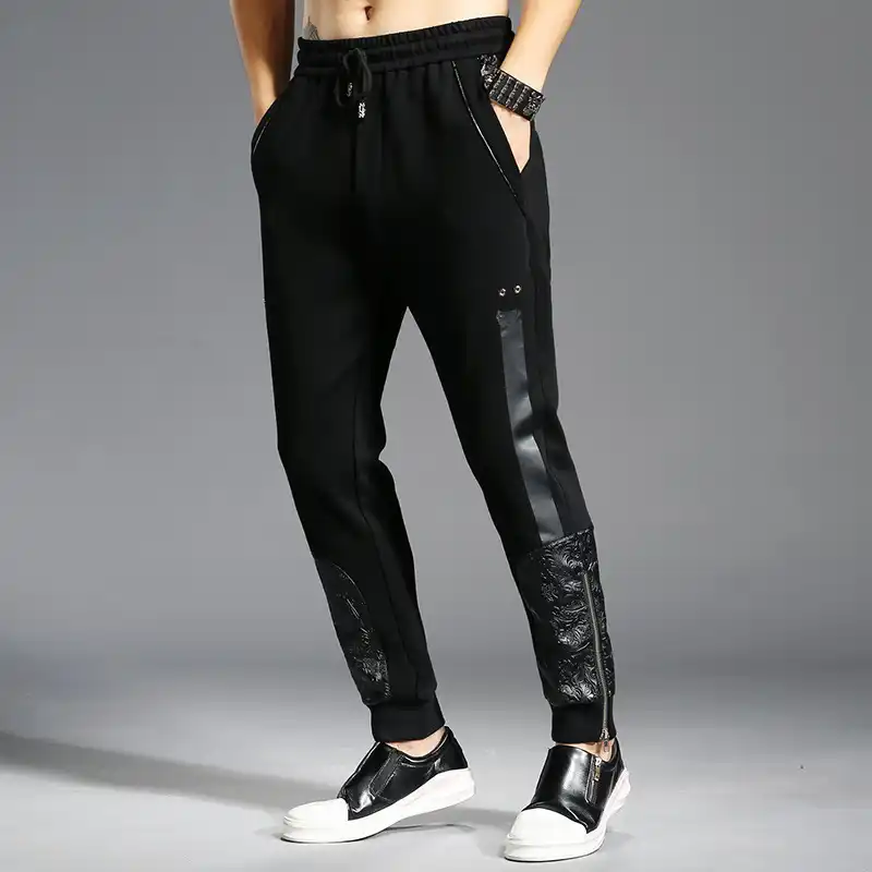 2018 Autumn Winter Fashion Jogger Men Trousers Streetwear Casual Pants Side Zipper Black Leather Pants Cotton Fitness Sweatpants