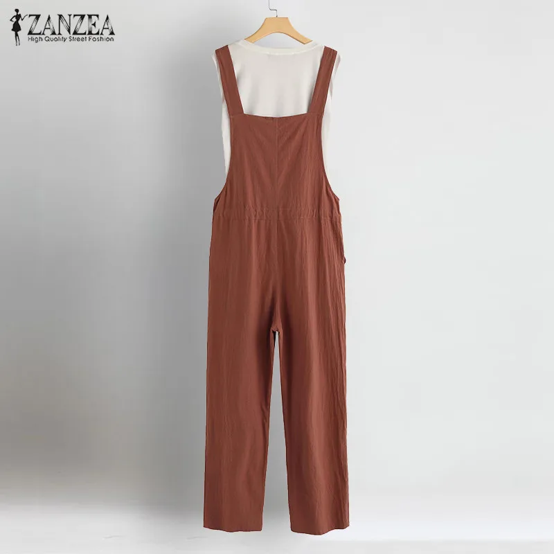 Комбинезоны на кулиске ZANZEA женские JumpsuitsP lus Размер льняной комбинезон Pantalon женский ремень Костюм пляжного типа женский комбинезон 5XL