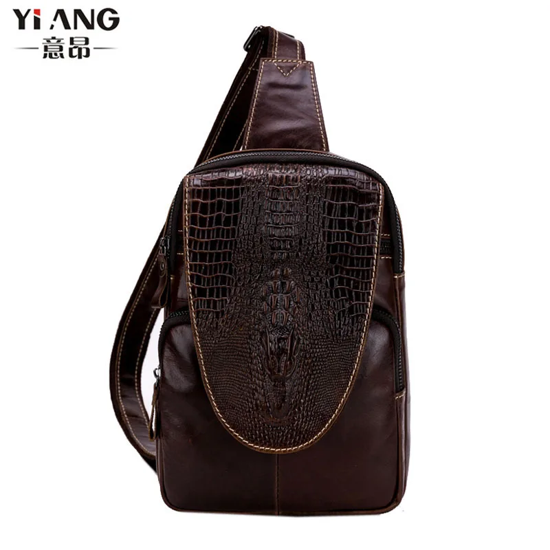 

Men Genuine Leather First Layer Cowhide Crocodile Grain Pattern Sling Chest Pack Bag Travel Cross Body Shoulder CrossBody Bag