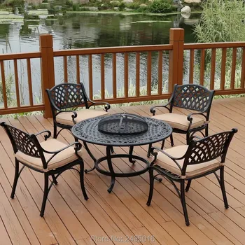 

Burner Garden/Patio round Table BBQ Set, solid-Cast Aluminium finished in Black,low back arm 4 chairs