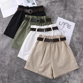 

Fashion Solid Elastic High Waist Wide Leg Shorts Harem Shorts Women 2019 Summer Belt Pockets Casual Shorts Ladies Cotton Shorts