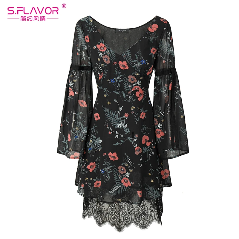 

S,FLAVOR Women chiffon lace mini dress 2019 Autumn Winter V-neck flare sleeve elegant vestidos de festa floral printed dress