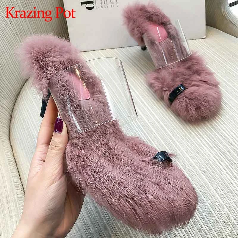 

Krazing Pot rabbit fur jelly PVC peep toe stiletto high heels outside slippers flip flop beauty preppy style modern mules l33