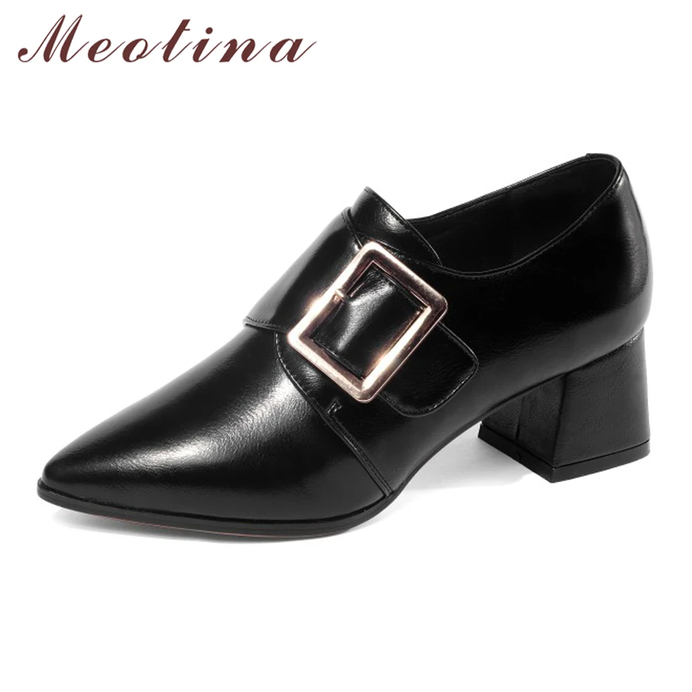 

Meotina Women Pumps High Heels Natural Genuine Leather Thick Heel Shoes Real Leather Buckle Pointed Toe Lady Shoes Red Size 3-10