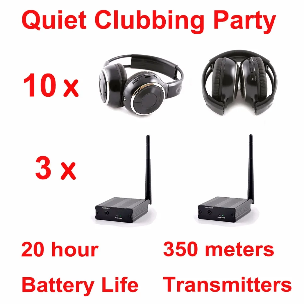 

500M Distance Silent Disco Folding Wireless Headphones - Quiet Clubbing Party Bundle (10 Headsets + 3 Transmitters)