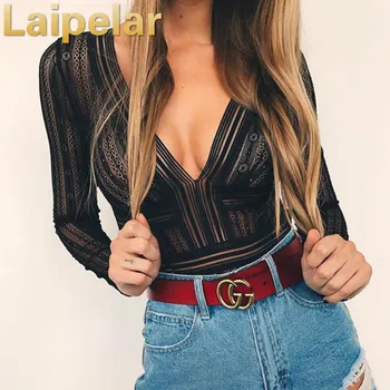

Laipelar 2018 Autumn Sexy Lace Bodysuit Women Deep V Neck Long Sleeve Bodycon Rompers Jumpsuit Transparent Black Overalls