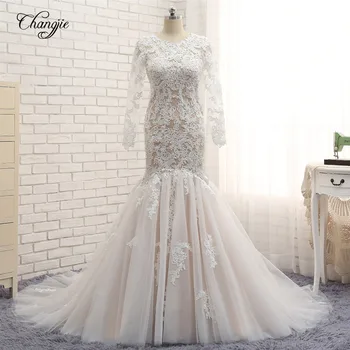 

New Arrival Mermaid Wedding Dresses 2020 O-Neck Long Sleeves Court Train Lace Tulle Wedding Gowns With Long Sleeves Vestidos