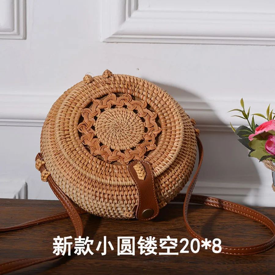 20cm Big Size Handmade Circle Chinese Bowknot Women Rattan Bags Spiral Style Hollow Out Flowers Female Shoulder Bags B380