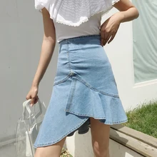 BGTEEVER Женские повседневные нестандартные джинсовые юбки с оборками летние юбки до колена с высокой талией