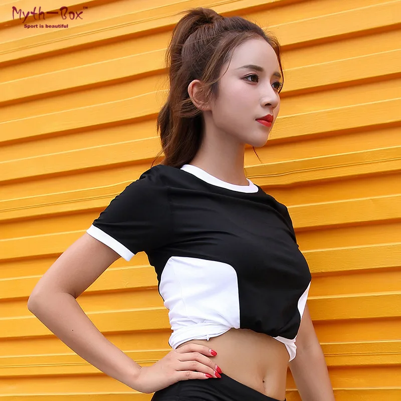 

Summer Women Yoga Shirts Hit Color Elastic Thin Short Sleeve Sport Tshirt Fitness Tee Tops Running Shirts Breathable Slim Blouse