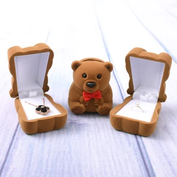 

Light Brown Bear Shape Box With Red Bow Cartoon Type Gift Ring Pendant Jewelry Wedding Valentine's Day Box Earring Storage