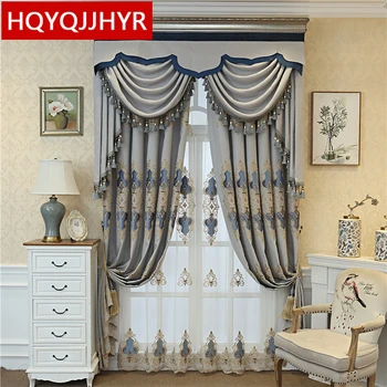 

Light blue European classic luxury floor curtains for living room Window high quality Voile Curtain for bedroom/ Hotel /kitchen