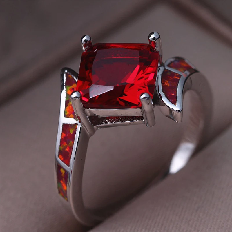 Fashion Charm High Quality Square Imitation Red Fire Opal Wedding Ring Jewelry Finger For Women Engagement Gifts | Украшения и