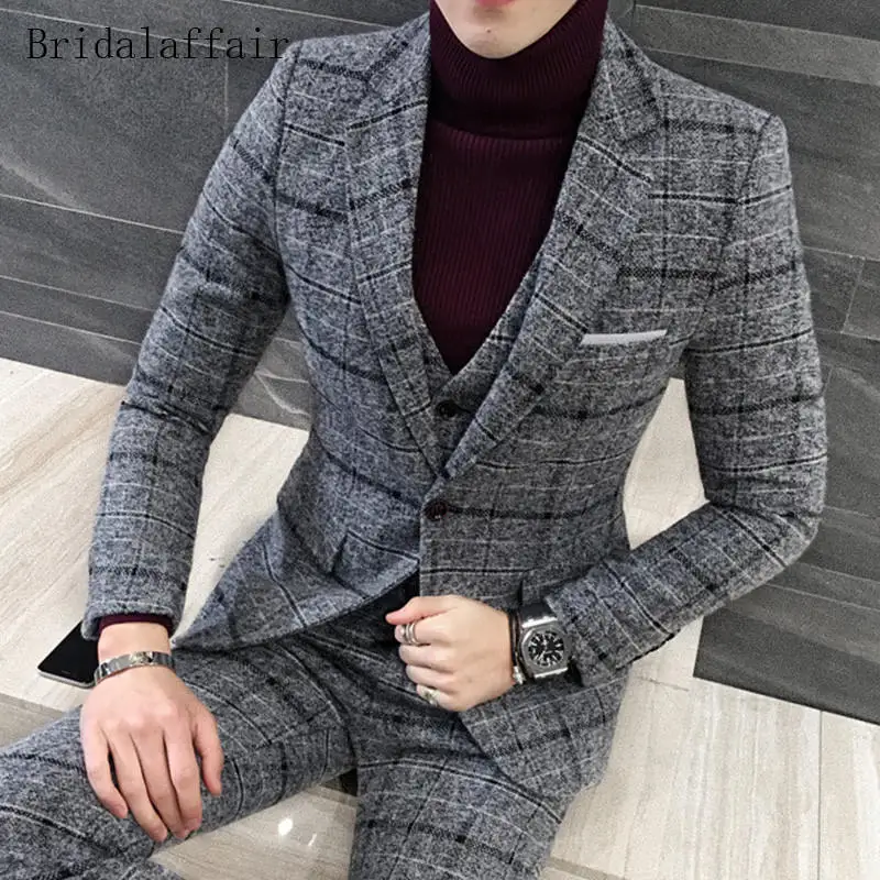 Мужской костюм Bridalaffair 2018 приталенный твидовый серый клетчатый мужской