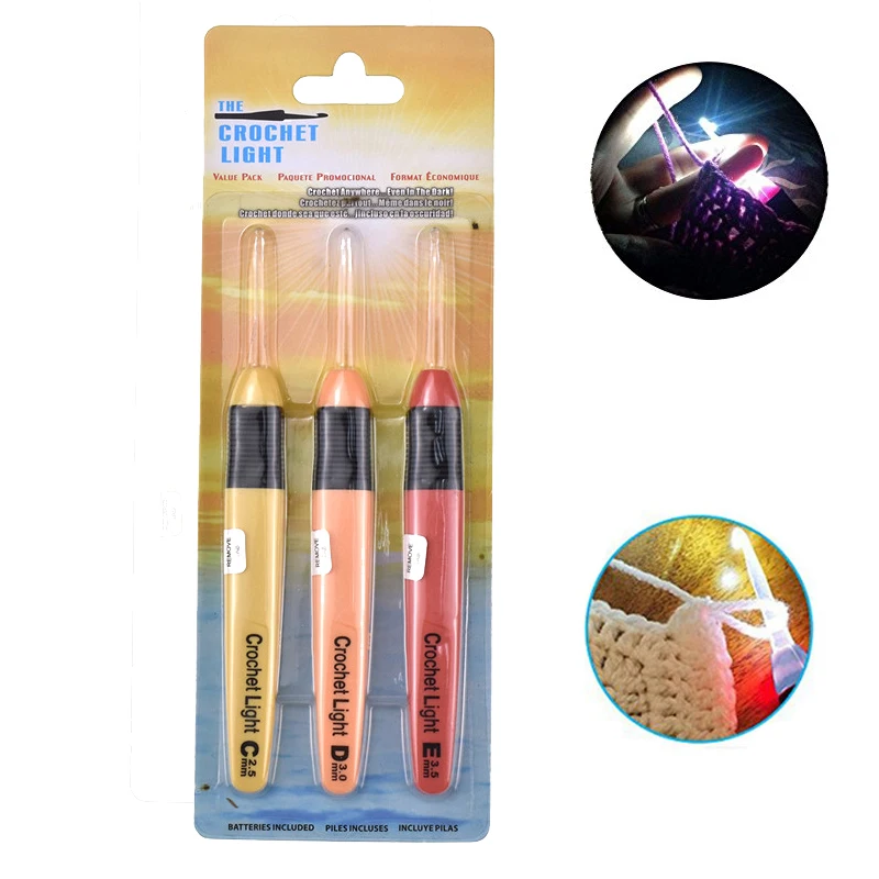 LED Crochet Hook Set 3Pcsset Light Up Knitting Needles Weave Sewing Tool Accessories 2.5-5.0mm Crochet Needles With 3 Batteries (1)