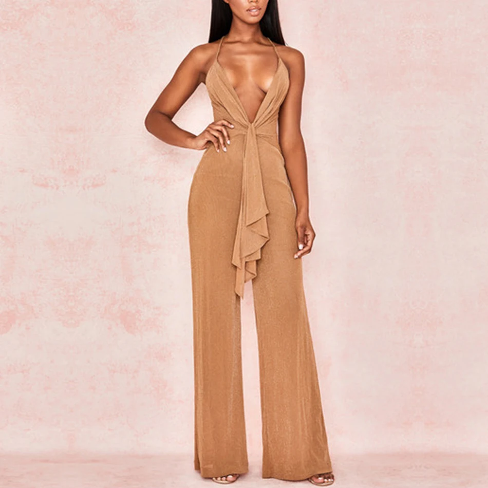 

Newest Celebrity Evening Party Jumpsuit Women Runway Spaghetti Strap Deep V-Neck Sexy Full Length Jumpsuit Women Vestidos