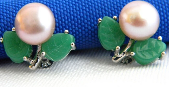 

free shipping 12780 Lavender Flat Round Freshwater Pearl Green Jade Stud Earring