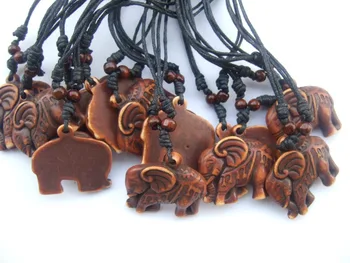 

12pcs Adjustable Black Wax Cord Brown Imitation Yak Bone Elephant Pendants Necklace
