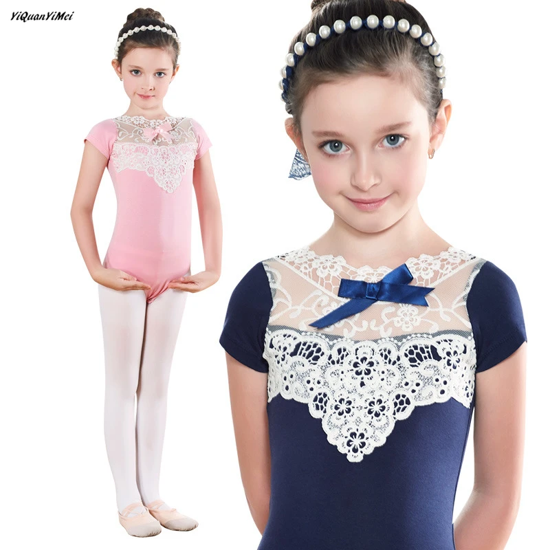 Short Sleeve Lace Gymnastics Leotard Girls Ballerina Ballet Leotards