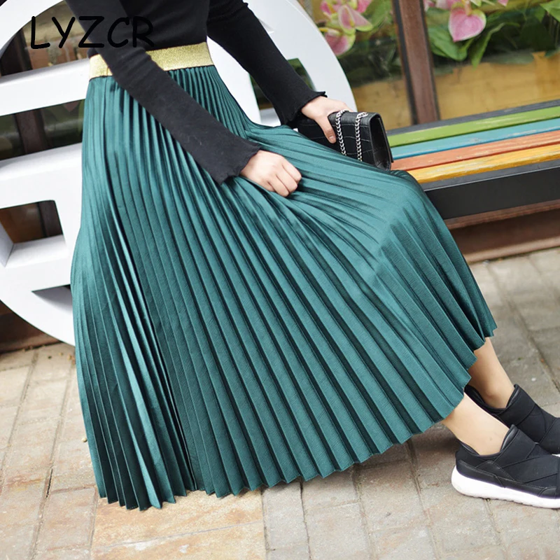 LYZCR летние длинные плиссированные юбки для женщин, женская юбка с высокой талией, плиссированные женские трапециевидные элегантные юбки для женщин s