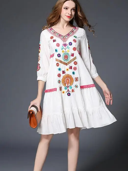 

Free Shipping High Quality Plus Size Summer New Arrival V Collar Flower Embroidery Woman Long Cotton Dress White