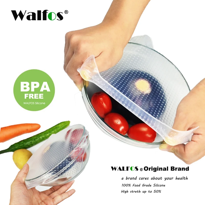 WALFOS 1 kos živilski razred Hranjenje svežega ovojnega materiala za večkratno uporabo, visoko raztegljiv silikonski ovojni obročki Tesnilna posoda za vakuum, pokrov raztegljiv pokrov