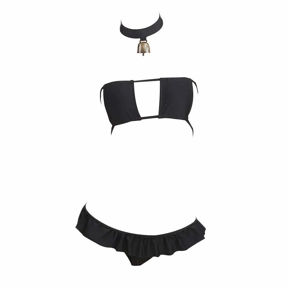 Женский Аниме Бикини купальник милое белье для кошек для косплея мини-Униформа горничной костюмы черный - Цвет: Черный