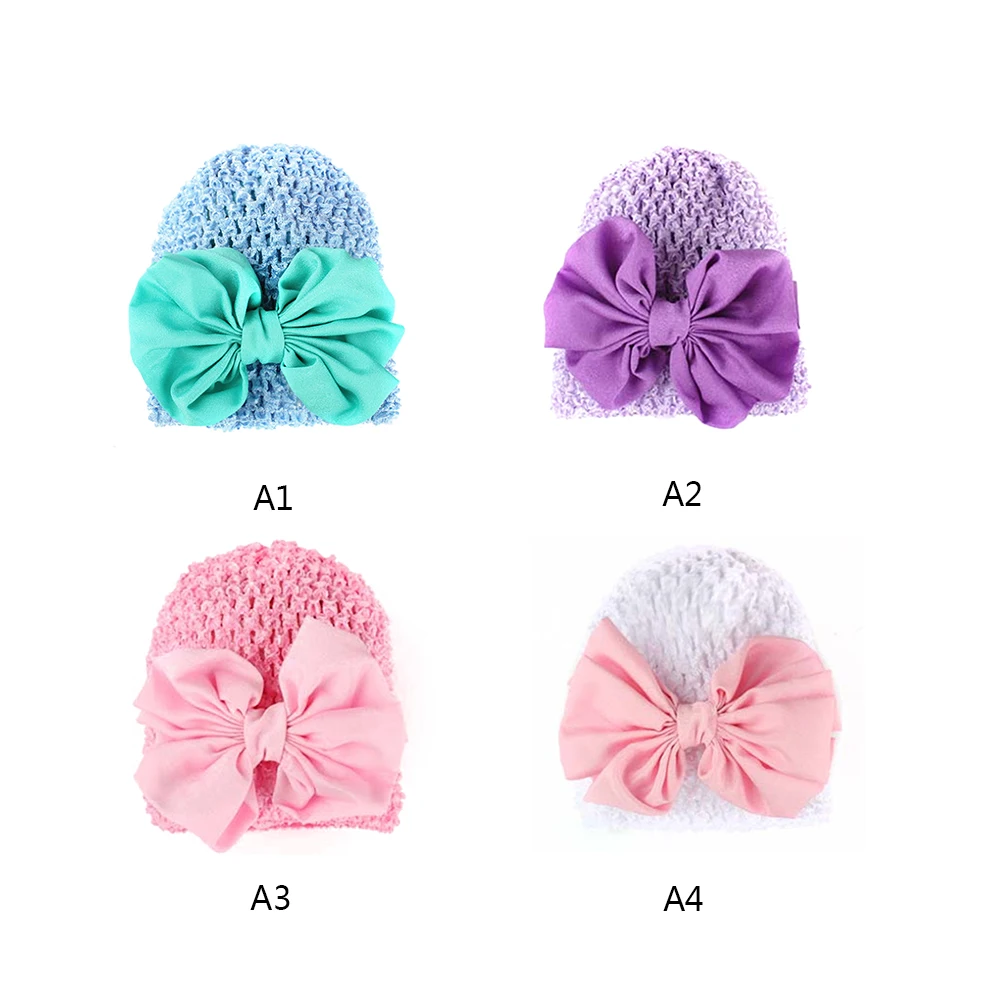 

Elastic Knot Bow Decor Baby Hats Cute Printing Knitting Hollow Out Headwear Beanie Caps Soft Cotton Hat Accessories