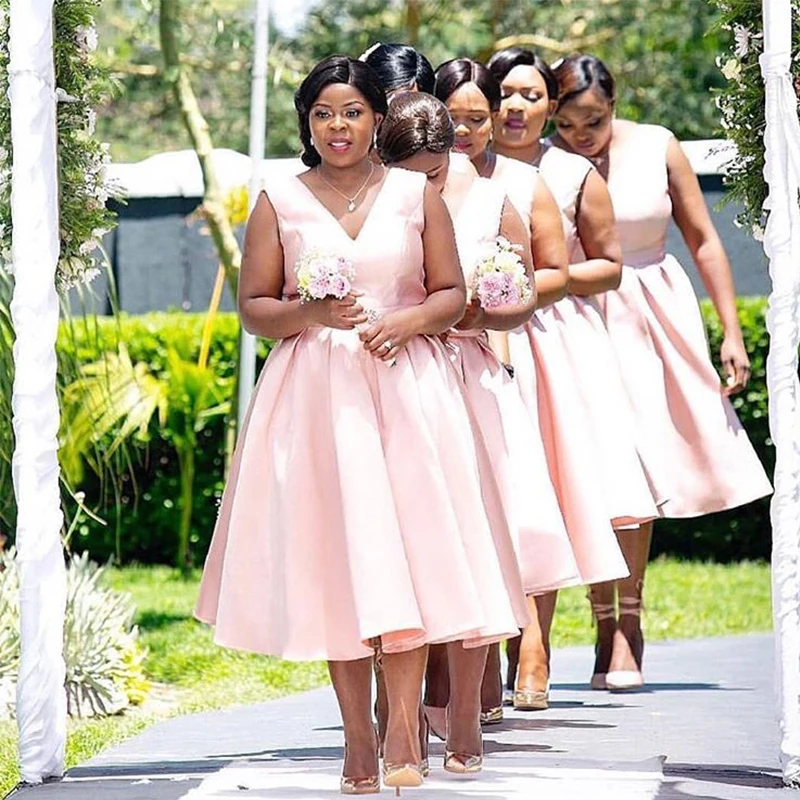 Blush Pink Tea Length Bridesmaid Dress 