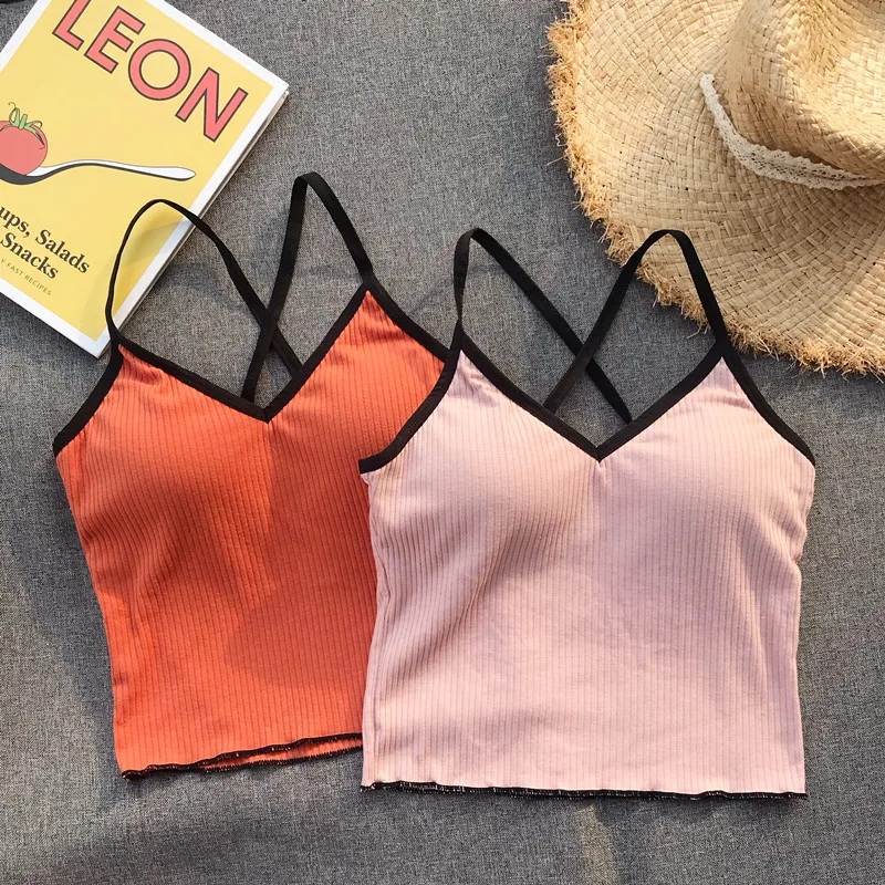 Girls Crossed Straps Short Camis Tops With Seperated Bra Women Padding Tanks Crop Tops For Female