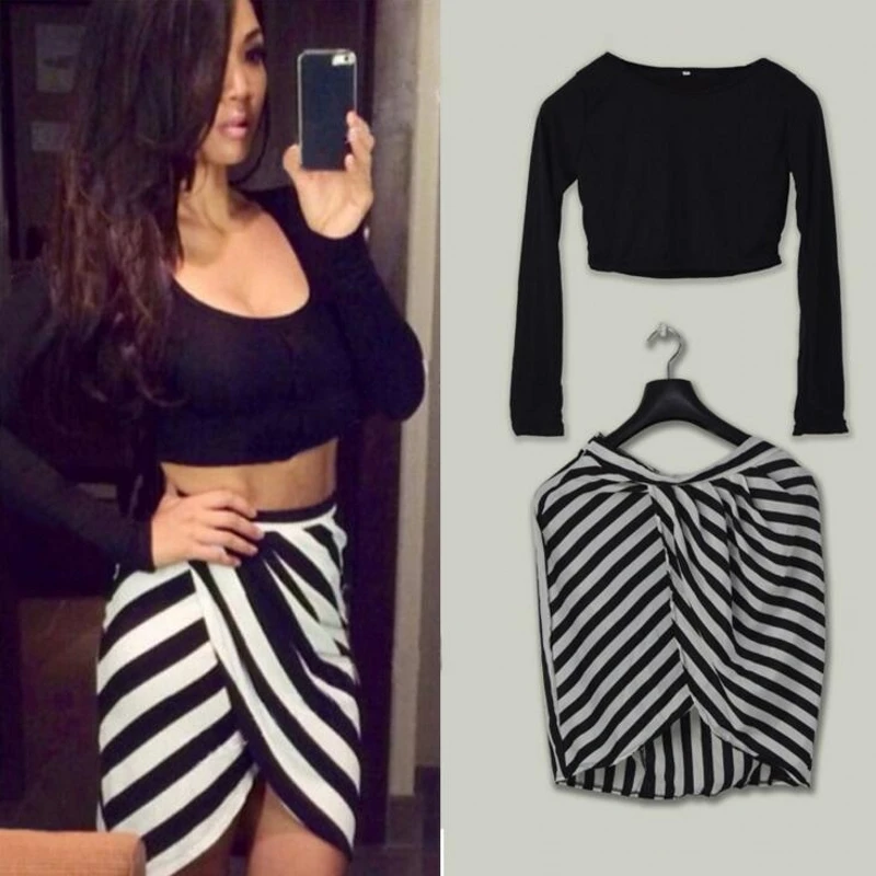 2018 Fashion Women's O Neck Crop Top Skirt Set Spring Autumn Short Skirts Sets Europe Slim Long