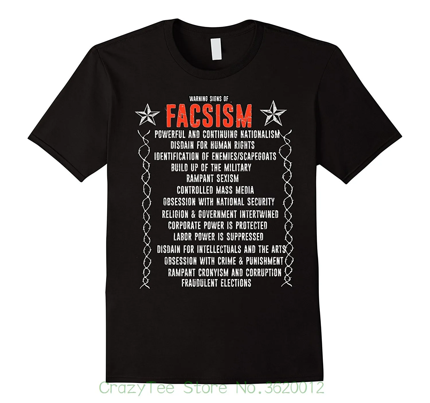 

Round Collar Short Sleeve Tee Shirts Warning Signs Of Fascism Anti Trump Protest Resist
