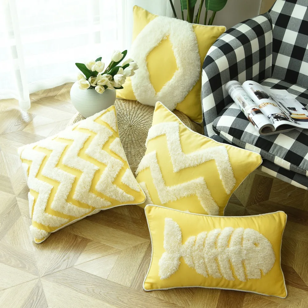 

Luxury Cushion Cover Handmade Yellow Pillow Case with Piping Zigzag Fish For Sofa Couch Home Decoration canvas 45*45cm 30*50cm