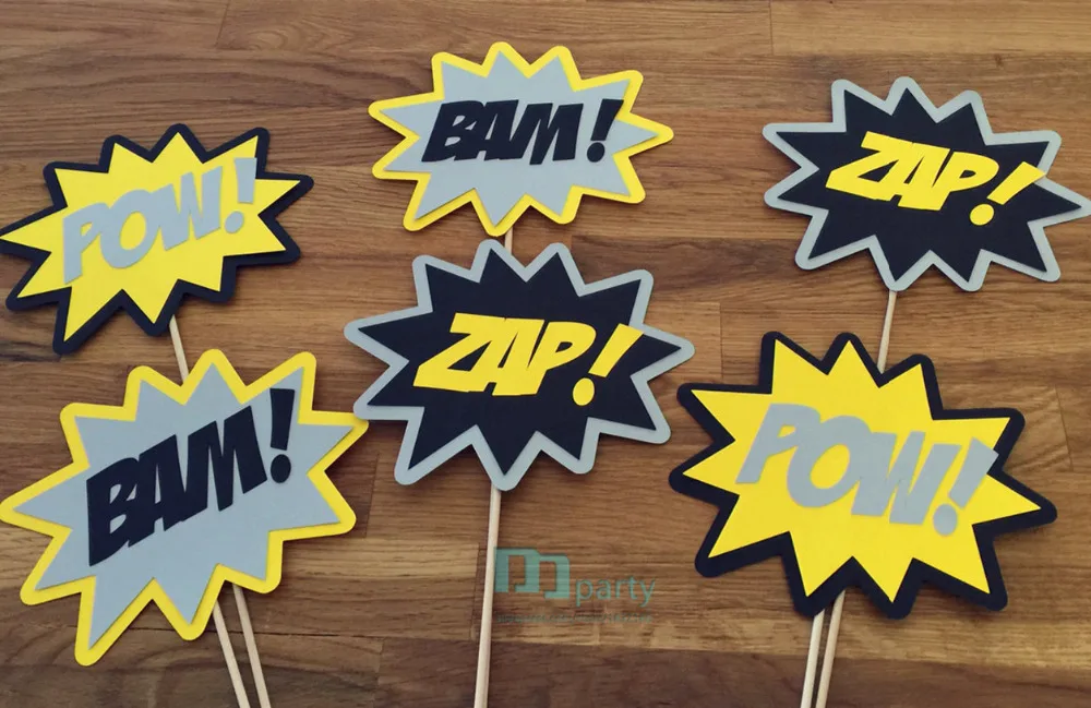 

The Batman Super Hero Phrase Set (6 Pieces) - party wedding birthday mask pow bam zap superhero Cupcake Toppers